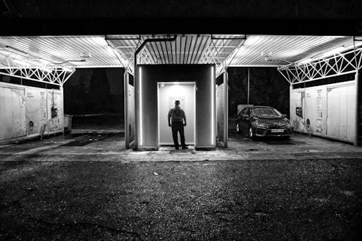 A lone man stands at a car wash bay under bright lights at night, creating a dramatic scene.
